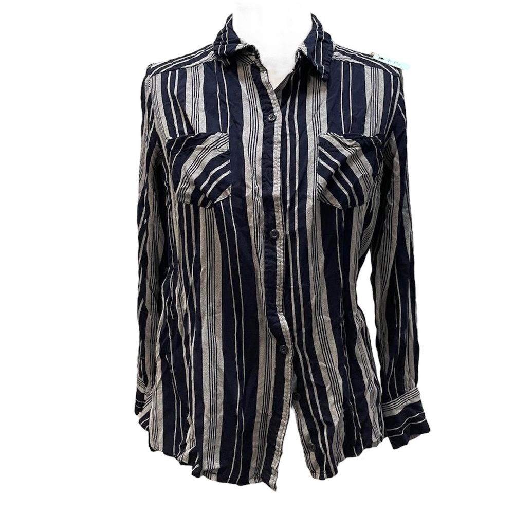 Upcycled Navy Blue Striped Silver Women's Blouse Button Down Shirt Size M